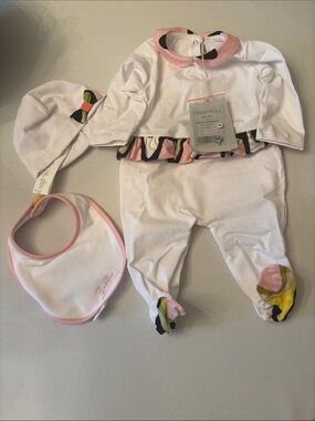 Emilio Pucci White Baby Footed Romper Set with Pink and Multicolor Accents